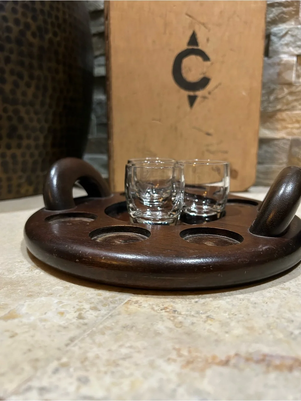Vintage Wooden Shot Glass and Liquor Bottle Serving Tray Caddy with Handles